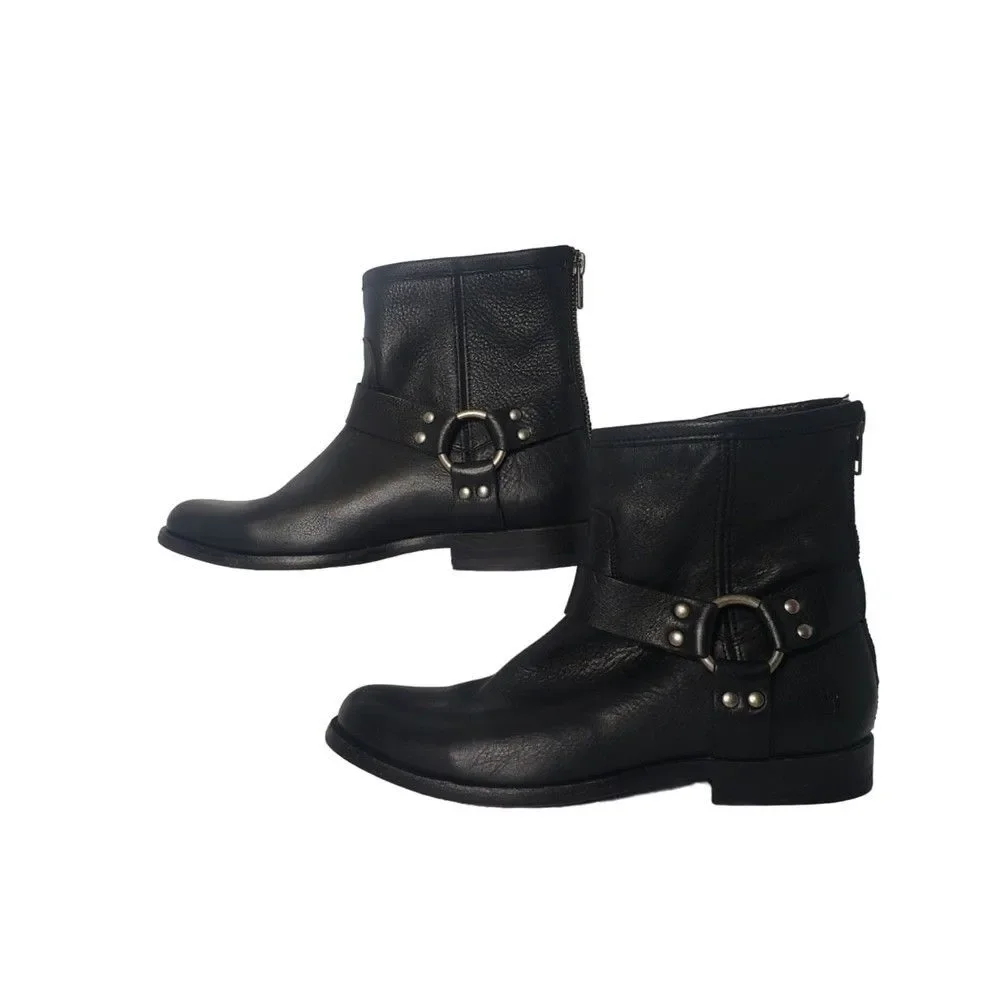FRYE Phillip Harness Short Black Leather Ankle Boots Size 7